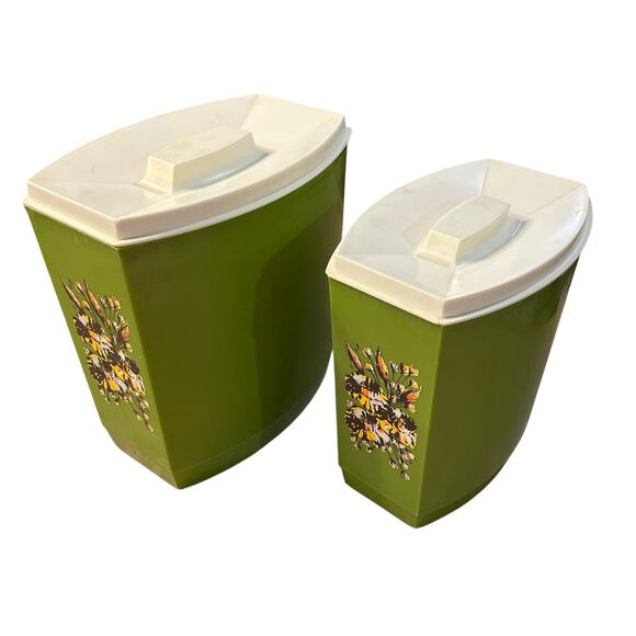 Vintage Mod Avocado Green Canister Set 1970s Retro Floral Kitchen Decor - Picture 2 of 9